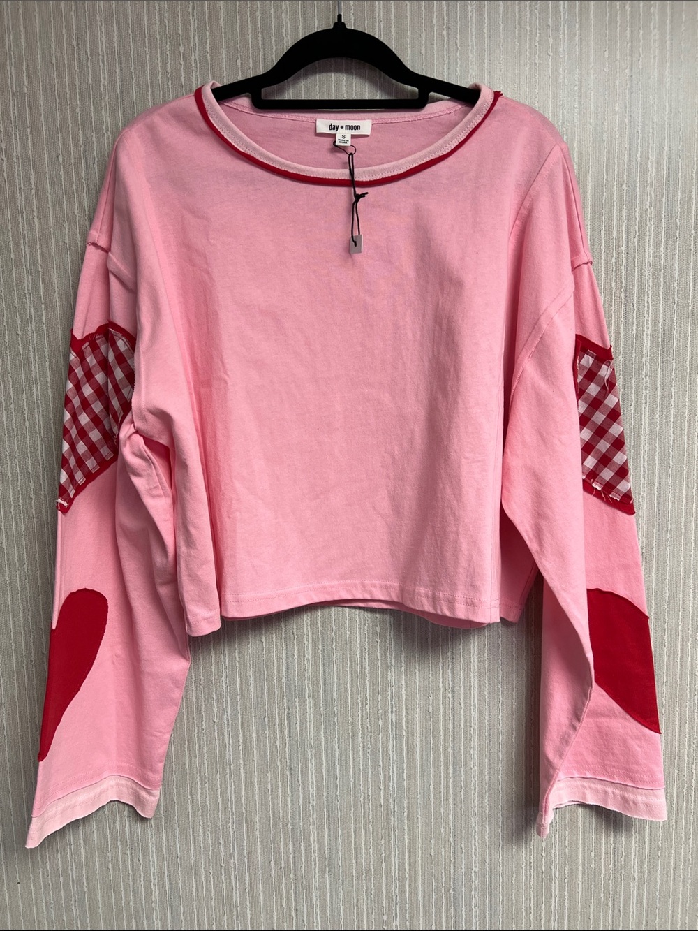 NWT S Pink Cropped Long-Sleeve Top with Red Heart and Gingham sleeve Details